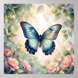 Blauer Morpho-Schmetterling Floral Botanisch Aquar Poster