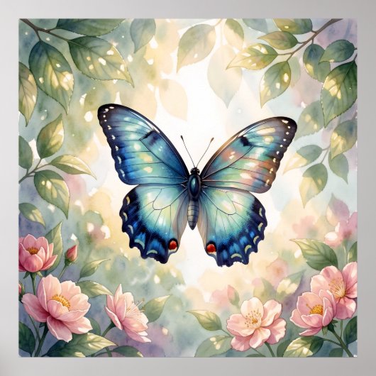 Blauer Morpho-Schmetterling Floral Botanisch Aquar Poster (Vorne)