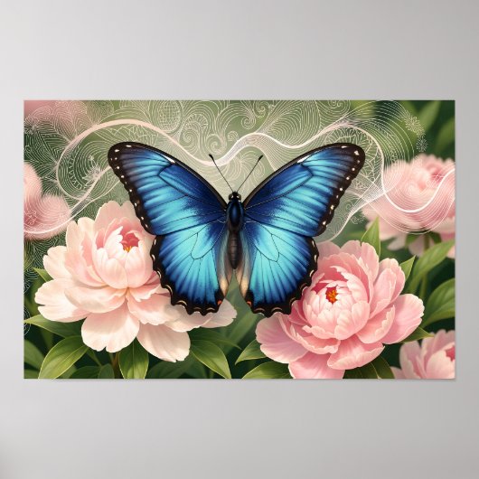 Blauer Morpho-Schmetterling Florale Botanische Kun Poster (Vorne)