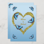 Blauer Morpho-Schmetterling mit goldener Herzhochz Einladung (Vorne/Hinten)