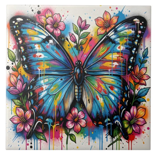 Blauer Morpho-Schmetterling Street Art Graffiti Gr Fliese (Vorderseite)