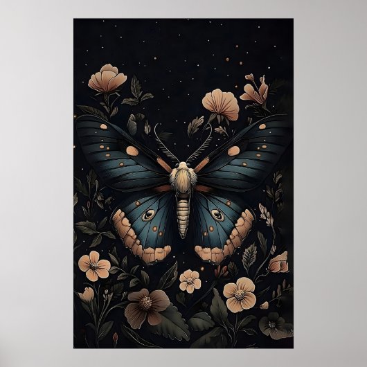 Blauer Motten-Botanikdruck, Dark Academia Wandkuns Poster (Vorne)