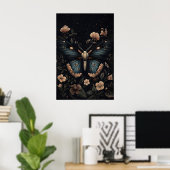 Blauer Motten-Botanikdruck, Dark Academia Wandkuns Poster (Heimbüro)