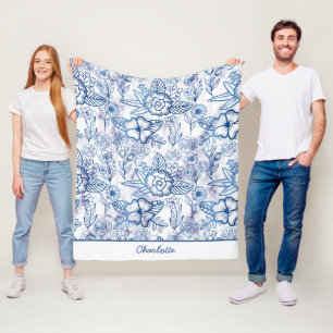 Blauer nahtloser Blütenmuster personalisierter Nam Fleecedecke