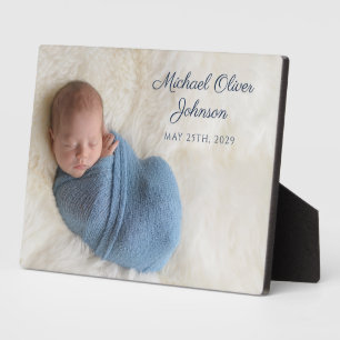 Blauer Name Geburtsdatum Skript Baby Foto Fotoplatte
