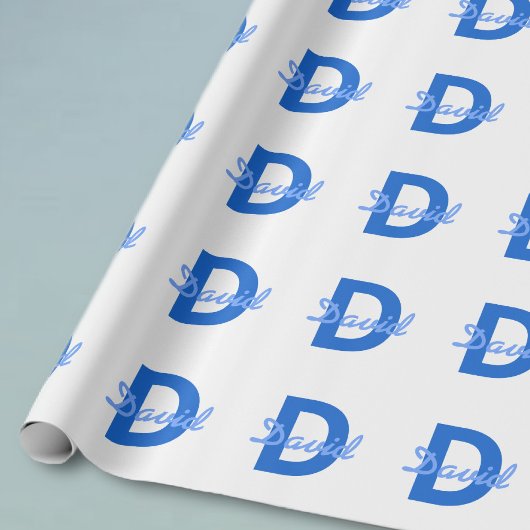 Blauer Name & Monogramm Geschenkpapier