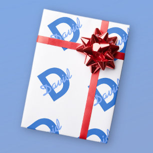 Blauer Name & Monogramm Geschenkpapier
