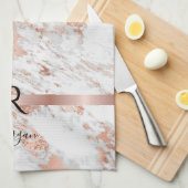 Blauer Name/Monogramm Weiß+Rose Goldmarmor Glitzer Geschirrtuch (Viertel Falte)