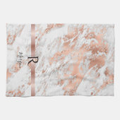 Blauer Name/Monogramm Weiß+Rose Goldmarmor Glitzer Geschirrtuch (Horizontal)