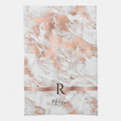 Blauer Name/Monogramm Weiß+Rose Goldmarmor Glitzer Geschirrtuch (Vertikal)