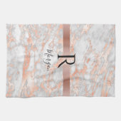 Blauer Name/Monogramm Weißer/Rose Goldmarmor Glitz Geschirrtuch (Horizontal)