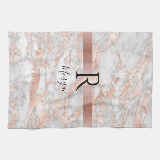 Blauer Name/Monogramm Weißer/Rose Goldmarmor Glitz Geschirrtuch (Horizontal)