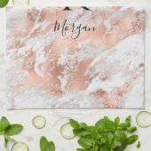 Blauer Name/Monogramm Weißer und Rose Goldmarmor G Geschirrtuch (Gefaltet)