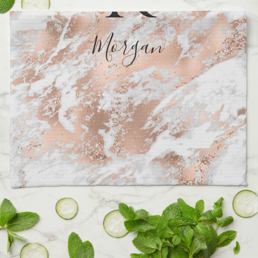 Blauer Name/Monogramm Weißer und Rose Goldmarmor G Geschirrtuch (Gefaltet)