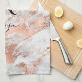 Blauer Name/Monogramm Weißer und Rose Goldmarmor G Geschirrtuch (Viertel Falte)