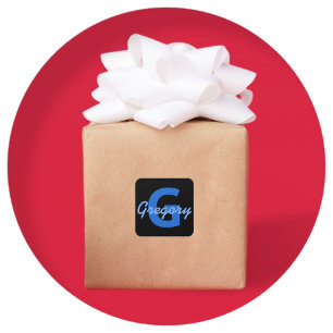 Blauer Name und Monogramm Quadratischer Aufkleber