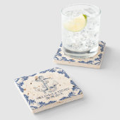 Blauer Nautikrahmen und blauer Blumenrahmen Steinuntersetzer (Seitenansicht)