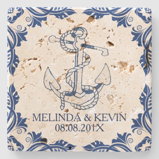 Blauer Nautikrahmen und blauer Blumenrahmen Steinuntersetzer (Vorderseite)