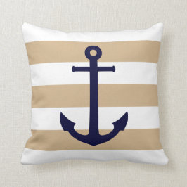 Blauer Navy Anchor auf Tan und weißen Streifen Kissen