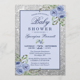 Blauer Navy Blau Silver Glitzern Babydusche Einladung