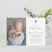 Blauer Navy Blauer Silberkreuz Foto Boys Taufe Einladung (Stehend Vorderseite)