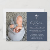 Blauer Navy Blauer Silberkreuz Foto Boys Taufe Einladung (Vorderseite)