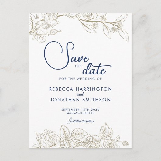 Blauer Navy Blue Gold Hochzeit rettet das Datum Postkarte (Vorderseite)