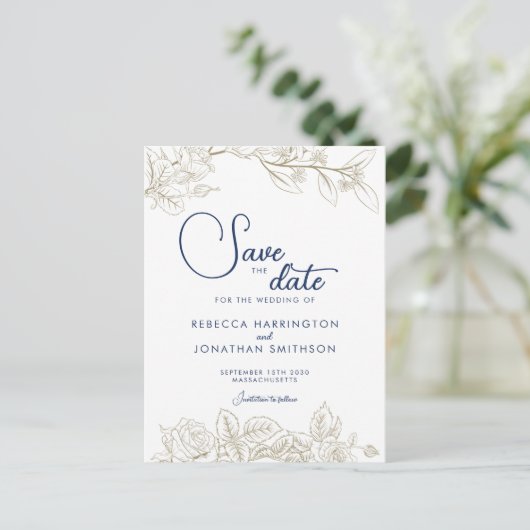 Blauer Navy Blue Gold Hochzeit rettet das Datum Postkarte (Stehend Vorderseite)
