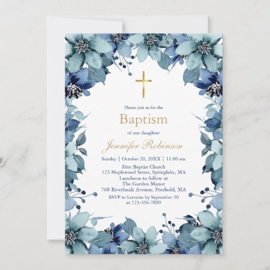 Blauer Navy Blume Taufe Einladung (Vorderseite)