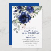 Blauer Navy Blumen Taufe 1. Geburtstag Party Einladung (Vorne/Hinten)