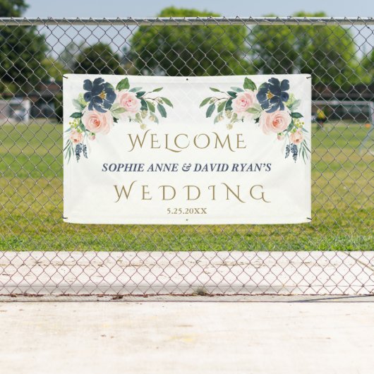 Blauer Navy Blush Blume Begrüßungszeichen Banner (Insitu)