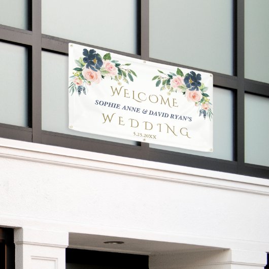 Blauer Navy Blush Blume Begrüßungszeichen Banner (Äußeres Gebäude)