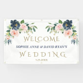 Blauer Navy Blush Blume Begrüßungszeichen Banner (Horizontal)