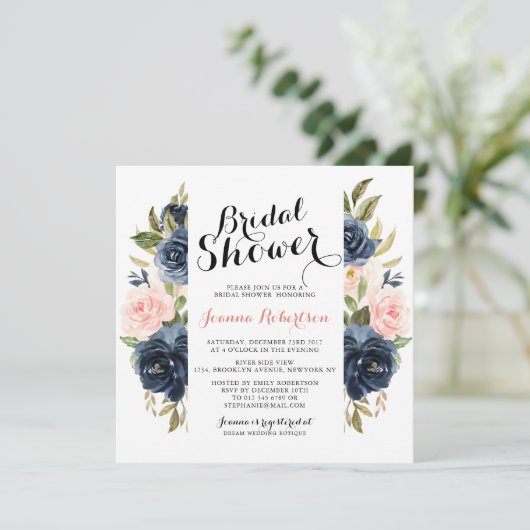 Blauer Navy Blush Brautparty Einladung (Stehend Vorderseite)