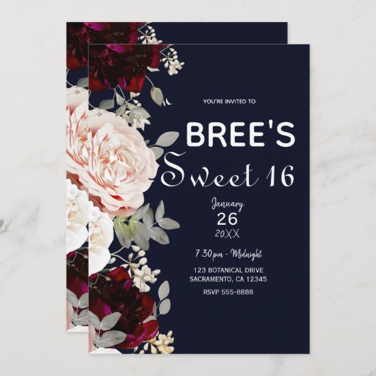 Blauer Navy Blush Rose & Burgund Blumensüß 16 Einladung (Vorne/Hinten)