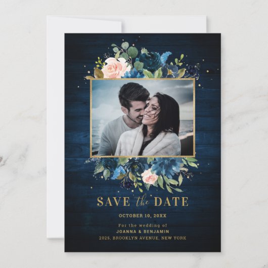 Blauer Navy Blush Rustikales Botanisches Foto Save The Date (Vorderseite)