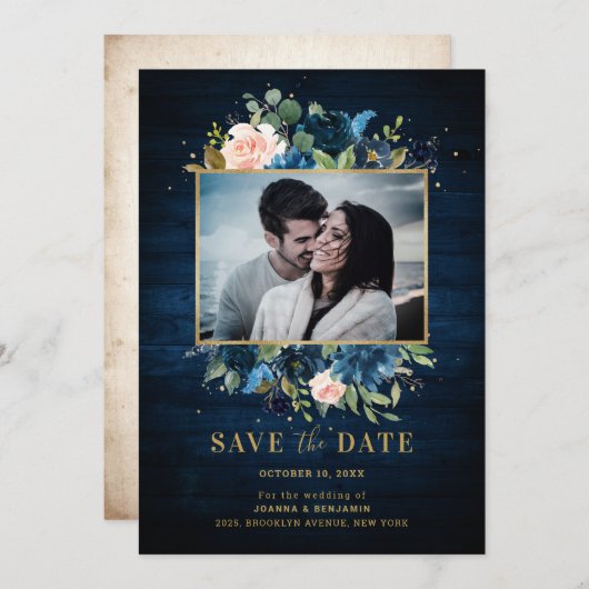 Blauer Navy Blush Rustikales Botanisches Foto Save The Date (Vorne/Hinten)