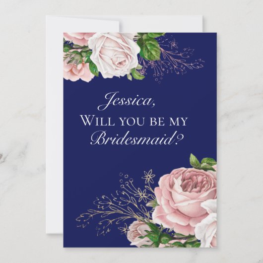 Blauer Navy Blütenrot Rose Einladung Bridesmaid (Vorderseite)