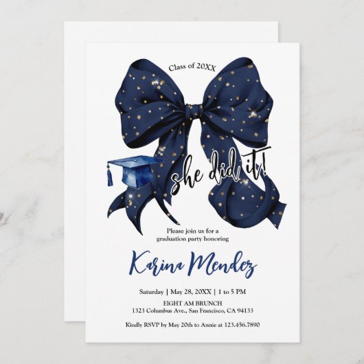 Blauer Navy Bow mit Gold Glitzer Grad Einladung (Vorne/Hinten)