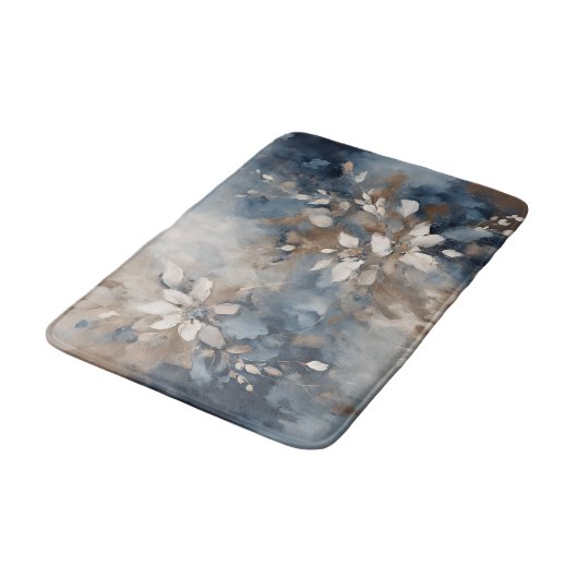 Blauer Navy Brown Light Blue Moderne Blumen Badematte (Schrägansicht)