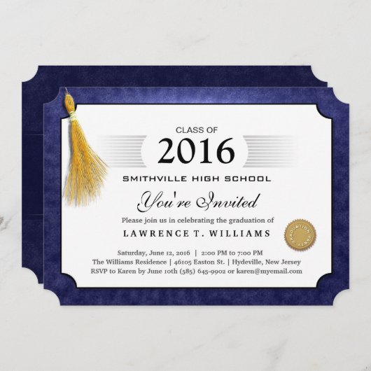 Blauer Navy-Diplom mit Gold Tassel-Abschluss Einladung (Vorne/Hinten)