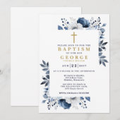 Blauer Navy Elegant Botanische Blumentaufen Einladung (Vorne/Hinten)