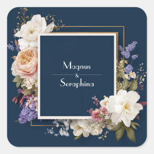 Blauer Navy-Floral Elegante mit Peonies und Blosso Quadratischer Aufkleber