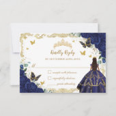 Blauer Navy Floral Quinceañera Princess Crown Gold RSVP Karte (Vorderseite)
