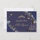 Blauer Navy Floral Quinceañera Princess Crown Gold RSVP Karte (Rückseite)