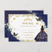 Blauer Navy Floral Quinceañera Princess Crown Gold RSVP Karte (Vorne/Hinten)