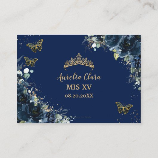 Blauer Navy-Floral-Schmetterlinge Quinceañera Empf Begleitkarte (Rückseite)