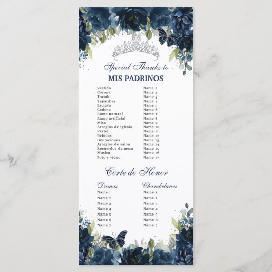 Blauer Navy-Floral Silver Quinceñera Orden des Ere Programm (Rückseite)