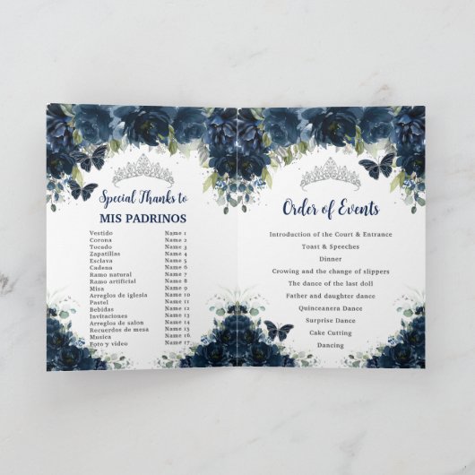 Blauer Navy-Floral Silver Quinceñera Orden des Ere Programm (Innenseite)
