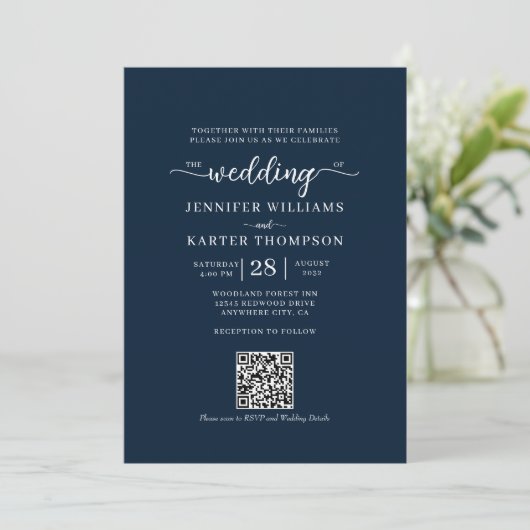 Blauer Navy Monogram Foto QR Code Hochzeit Einladung (Stehend Vorderseite)